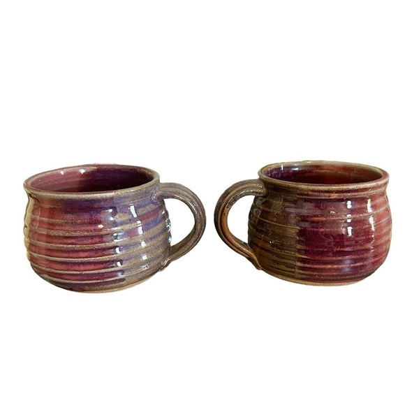 Studio Art Pottery Mugs Pair 2 Colorful Glaze Artist Signed Purple Red - Picture 3 of 7